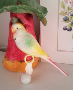 Vtg Colorful Celluloid Birdcage Balancing Budgie