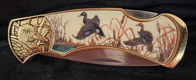 6'' - Franklin Mint - 2 Duck Scene - Collector Folding Knife   w/ Zipper Case