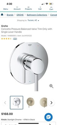 CL GROHE Pressure Valve Trim Only with Single Level Handle 14468000.