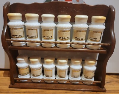 Vintage Wooden Spice Rack with 12 Milk Glass Spice Jars Has Broken Lid  Read