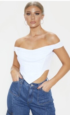 PrettyLittleThing White Corset Mesh Bardot Top Women Size 10 (M)