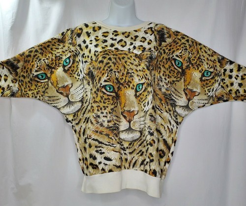 Vintage 80er 90er Jahre Shirt Leopard Gepard Fledermaus Ärmel All Over Druck Large USA - Bild 1 von 12