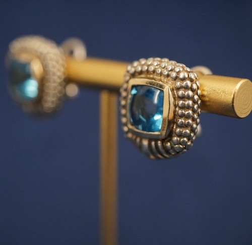 Sterling Silver & 14k Yellow Gold Blue Topaz Omega Back Earrings, AS IS - Picture 2 of 9