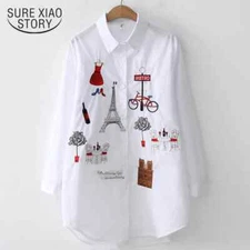 New White Shirt Casual Button Up Turn Down Collar Female Blouse Long Sleve Shirt