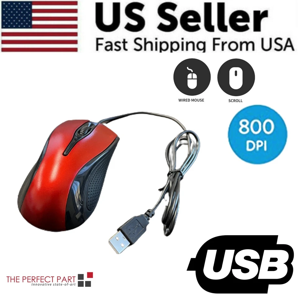 USB 2.0 Optical Wired Scroll Wheel Mouse For PC Laptop Notebook Desktop Red Mice - Image 2 of 4