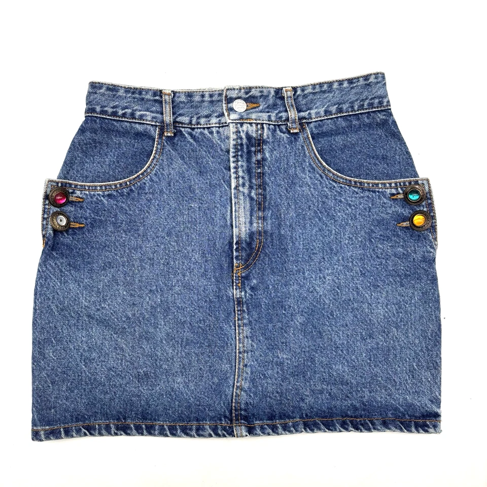 Minifalda vaquera vintage años 80 BONGO lavado medio cintura alta joya botón 27x16" Foto 2 de 4