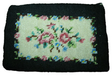 Vintage needlepoint coin change purse, black  cream with blue  pink flowers