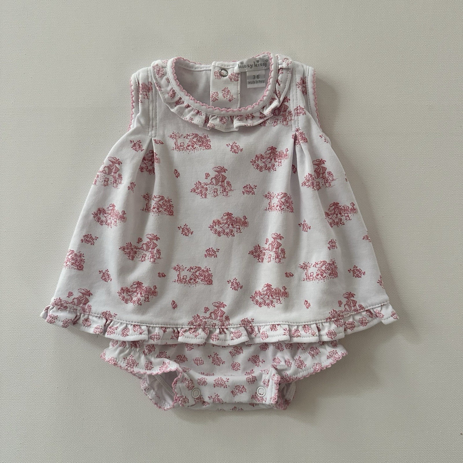 Kissy Kissy 3 Months Baby Girl White Romper Pink Toile Print Layered Ruffle Pima