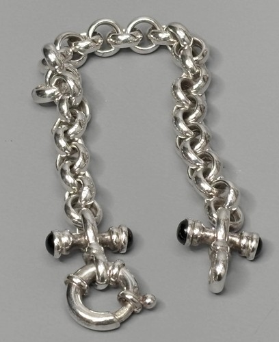 Sterling Silber .925 ROLO LINK Damen Armband mit schwarzen Onyx Akzenten - 6,75"
