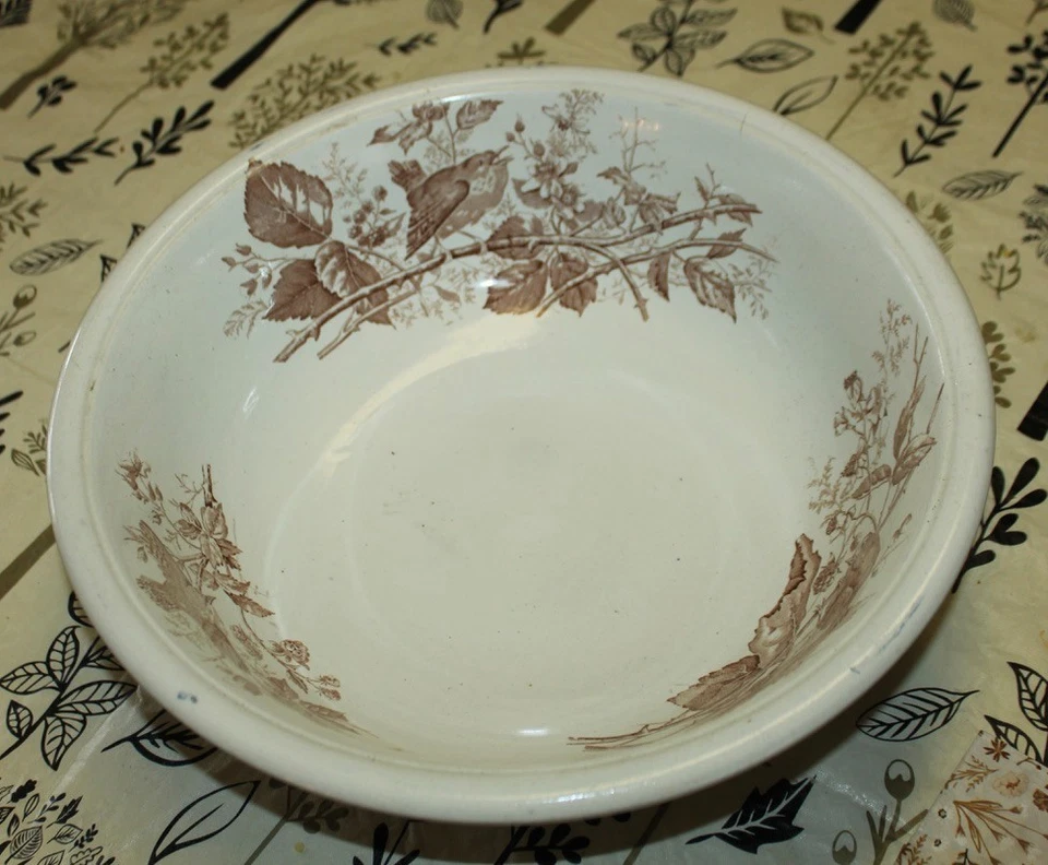 RARE ANTIQUE Aesthetic PUNCH BOWL Wash Basin WREN English Ironstone BIRDS - Image 2 of 4