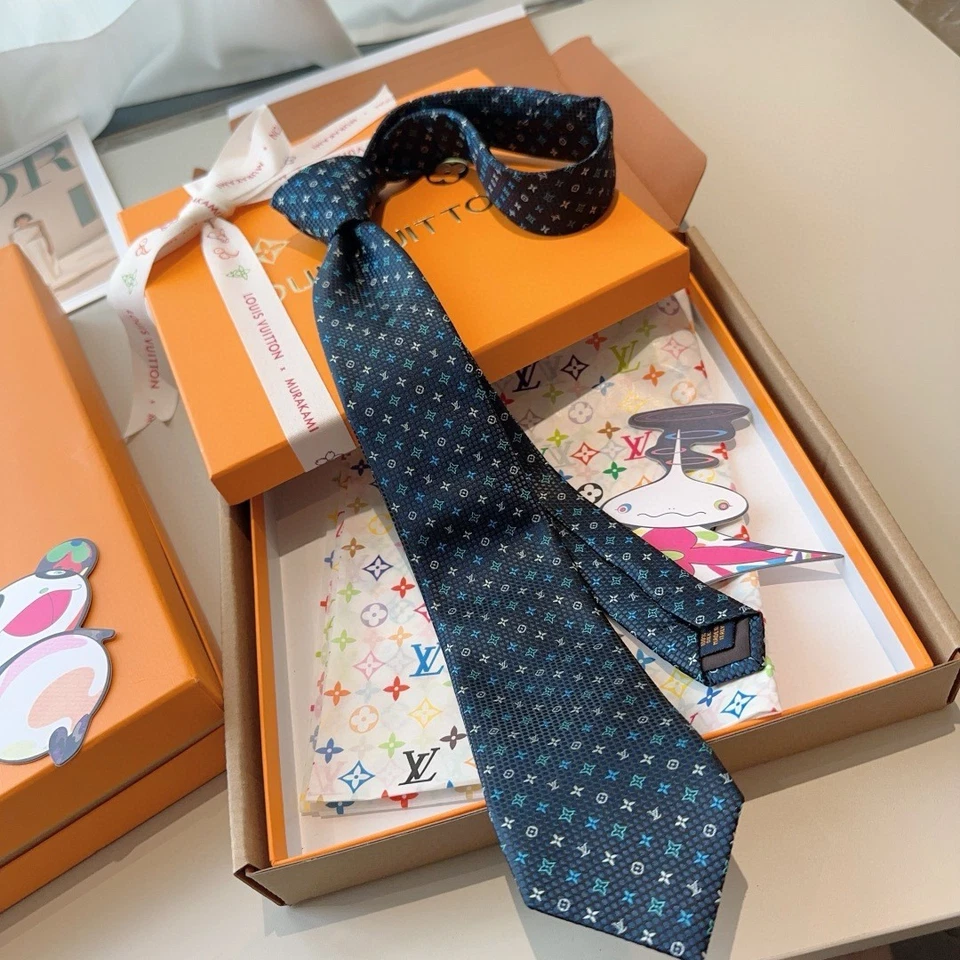 Corbata de seda Louis Vuitton Lv monograma azul marino oscuro Foto 4 de 4