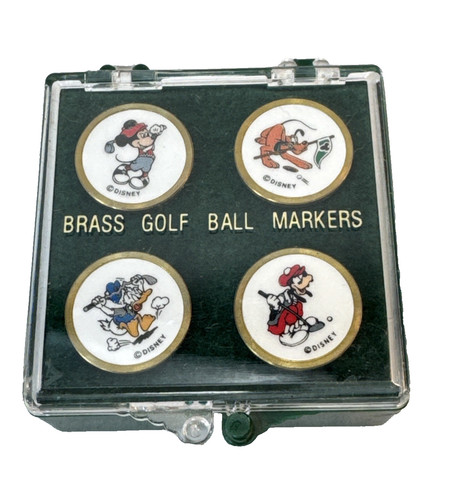 Vtg Disney Brass Golf Ball Marker Set of 4 Original Case Mickey Goofy Pluto Daff