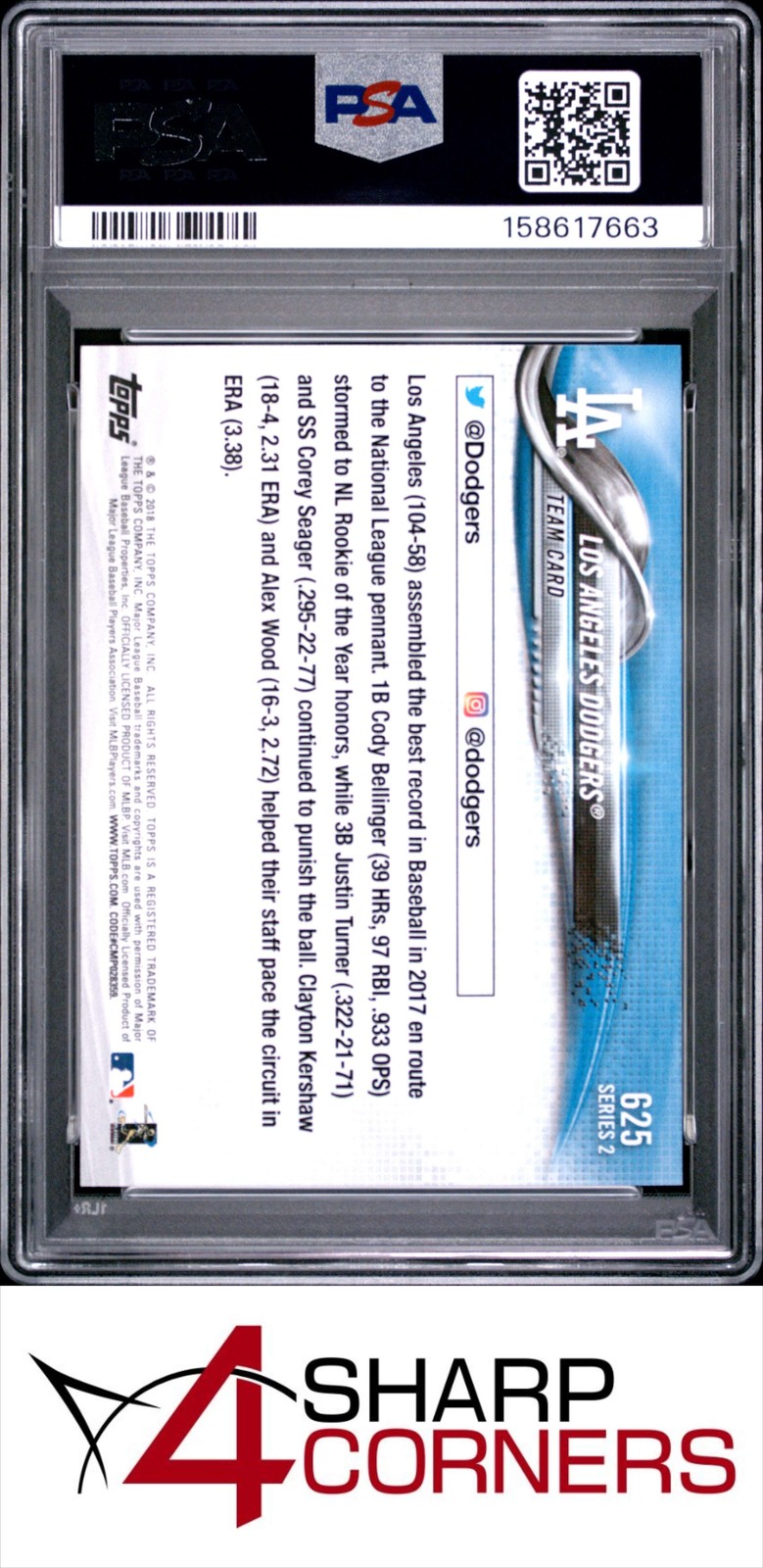 2018 TOPPS #625 LOS ANGELES DODGERS CLAYTON KERSHAW PSA 10 view 2