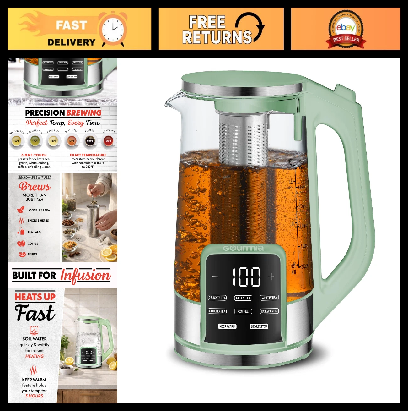 1.7L Electric Glass Kettle - Programmable Tea & Coffee Brewer, 6 Presets, Cordle