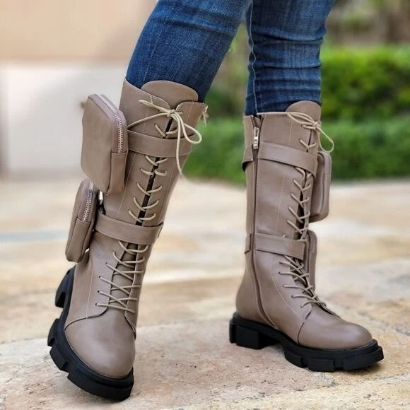 Women's Taupe Lace up High Combat Boots Lug Sole - Image 2 of 4