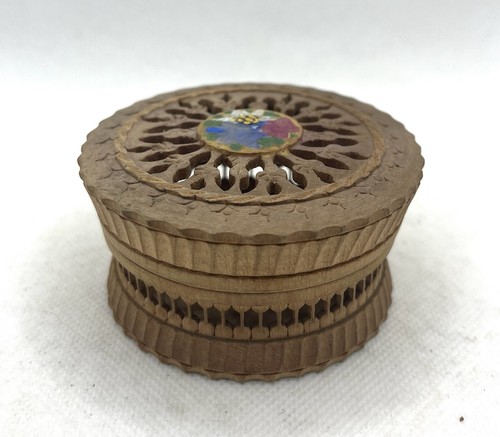 Vintage Handarbeit round wooden trinket box hand Painted floral lid Germany