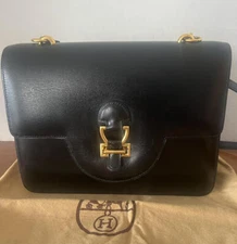 XLT Auth HERMES Black Box Leather 25cm Sandrine Convertible Shoulder Strap GHW