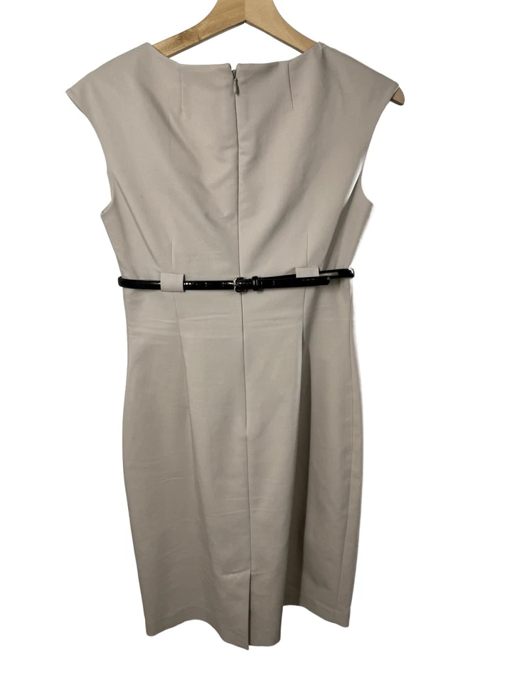 Calvin Klein Beige Short Sleeve Sheath Dress Size 4 Belted Cap Sleeve Pleated - Image 3 of 4