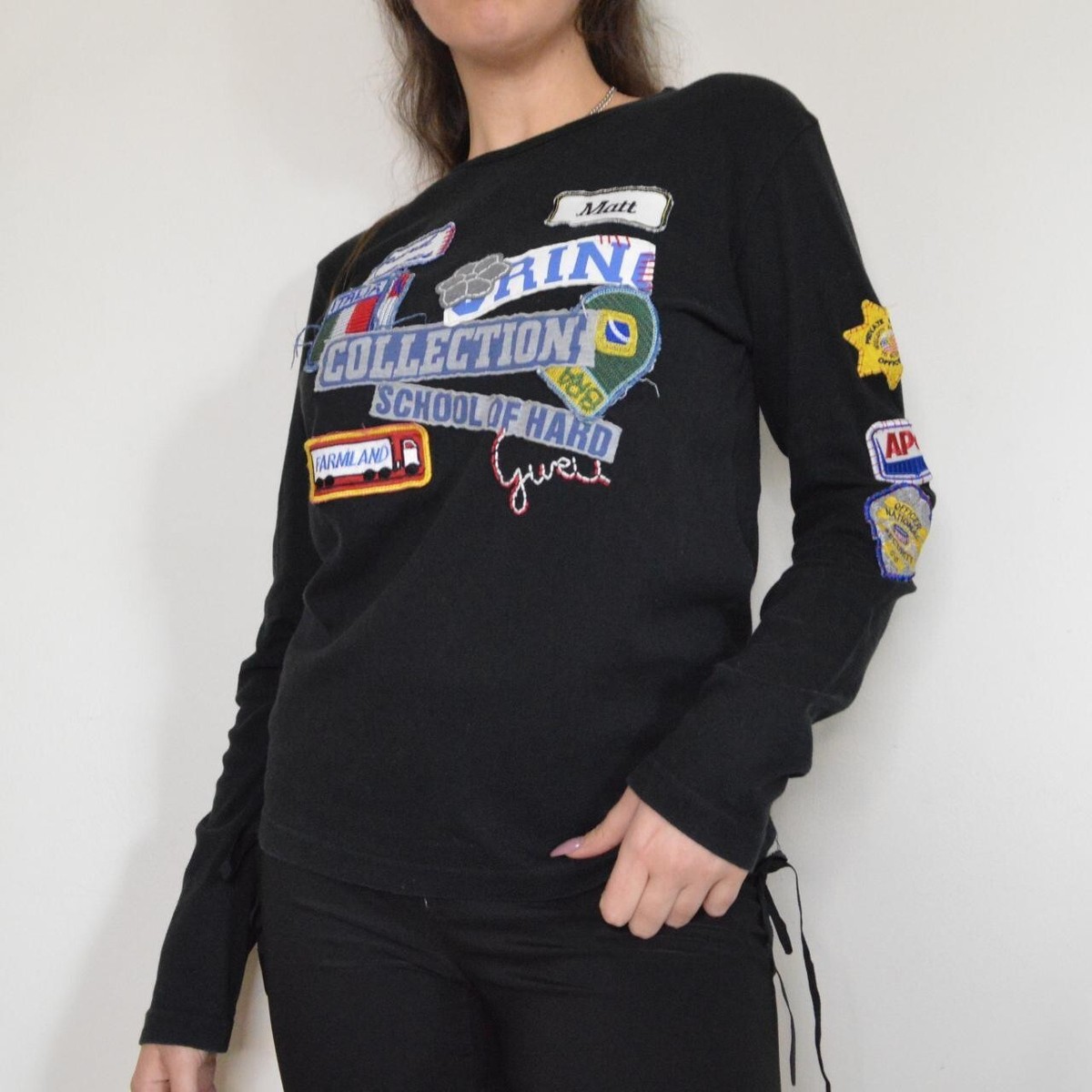 2000s 00s Y2K Vintage Guru black long sleeve t-shirt patches