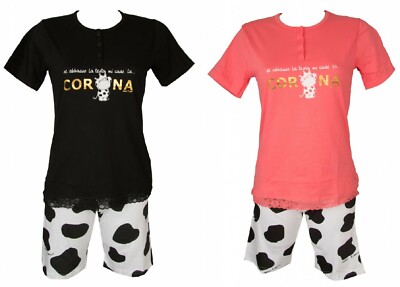 Damen Pyjama Baumwolle Kurzarm Seraphinenkragen CRAZY FARM Artikel 15498