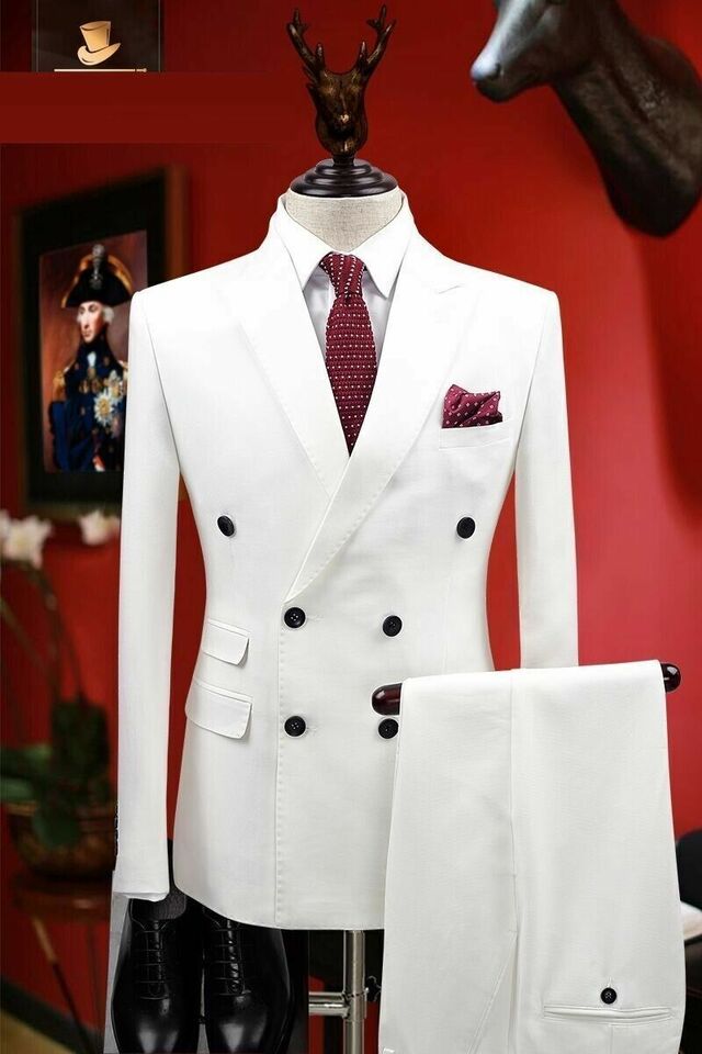 White Men Suits Double Breasted Groom Tuxedos Formal Wedding Prom Party ...
