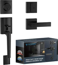 Front Door Handle Set, Heavy Duty Square Door Lever & Single Cylinder Deadbolt