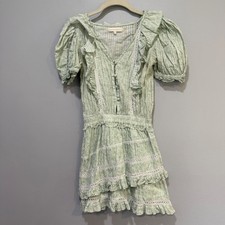 LoveShackFancy Green Floral Lace Mini Dress XS Puff Sleeve Smocked Waist Cotton