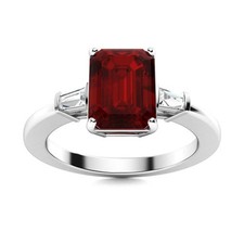 925 Sterling Silver Emerald Cut Natural Garnet Wedding Three-Stone Ring