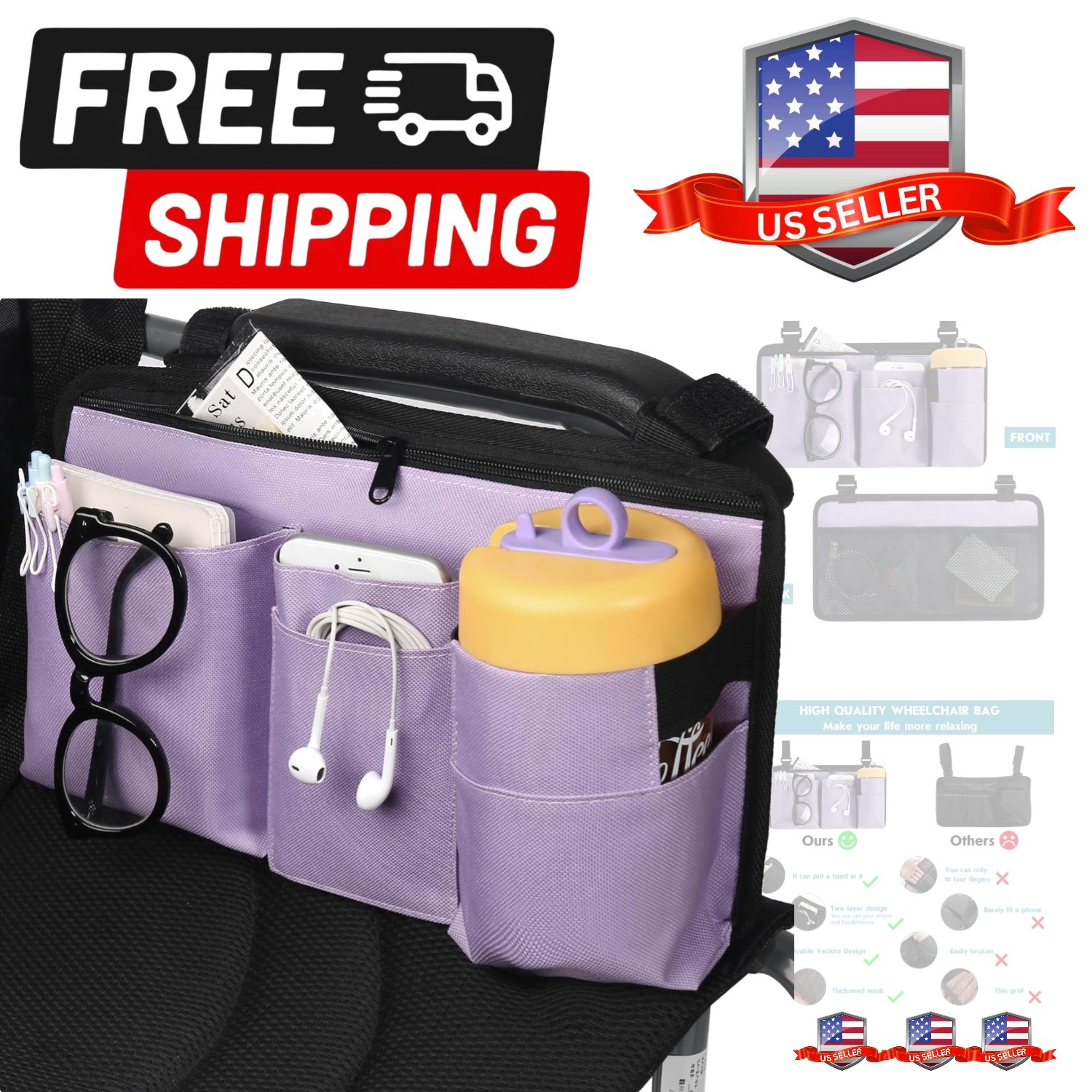 Upgrade Wheelchair Side Bag with Cup Holder, Armrest Accessories for Wheelcha...