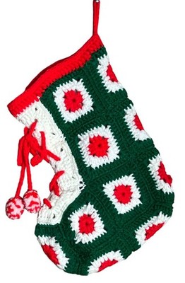 Vtg Granny Square Stocking Crochet 11'' Grandmacore Handmade Holidays Christmas