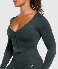 NEW GYMSHARK Gains Seamless Zip Up Scoop Neck Black Workout Gym L/S SMALL