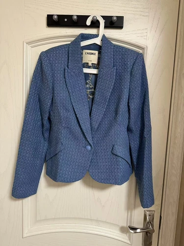 Blazer tweed nuovo L'AGENCE Jennah blu porto/catena buona fortuna - Foto 3 di 5