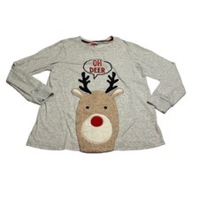 Holiday Time Womens Reindeer Soft Fuzzy "Oh Deer" Graphic XMAS Shirt Size M Grey