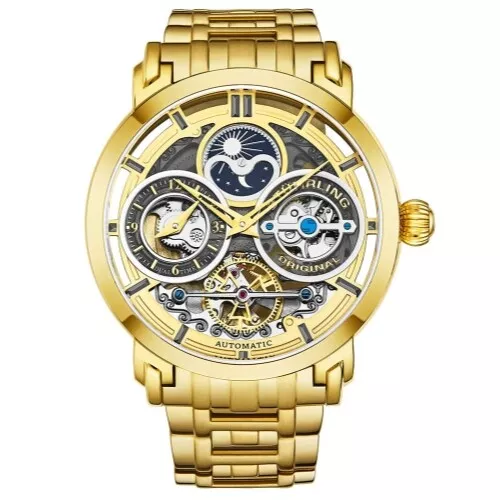 Stuhrling 371B 03 Luciano Automatic Skeleton Dual Time AM PM Bracelet Mens Watch