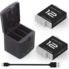 2Pack Hero 12 Battery and Charger Bundle for Gopro Hero 12 11 10 9 Camera Black