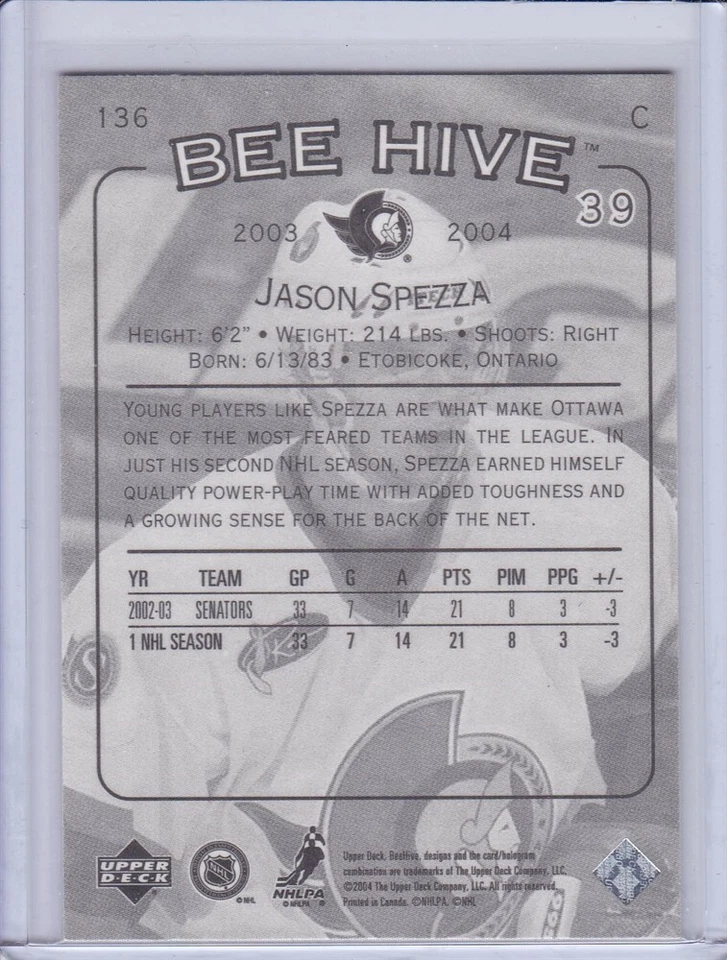 Jason Spezza 2003 Upper Deck Bee Hive Hockey Card 136 Grade MT - Image 2 of 2