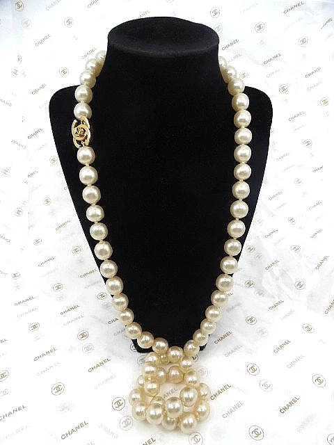 Authentic CHANEL Gold Turn Lock Clasp Strand of 12mm Pearls , 36" Long, Signed