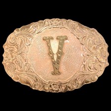 Letter V Western Paisley Vintage Belt Buckle - Crumrine Made in USA