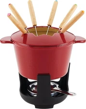 NIB Rachel Ray Cast Iron 1.5 Quart Enamel Fondue Set with Skewers