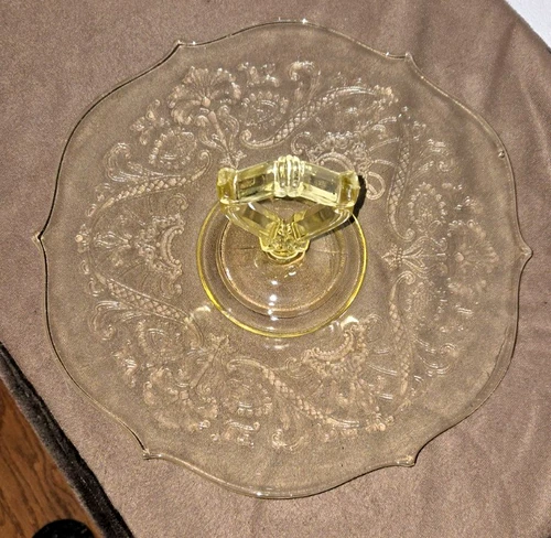 Lancaster Landrum Topaz Depression Glass Handled Tidbit Sandwich Tray Art Deco!