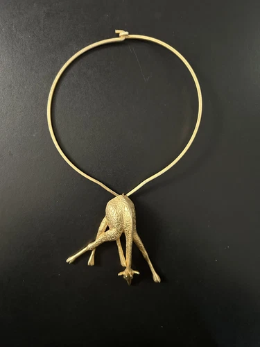 Vintage Goldtone Large Giraffe Pendant Necklace Choker Unique Costume Jewelry