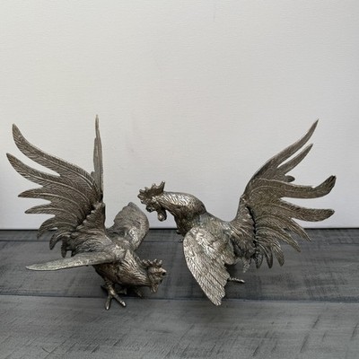 Vintage Paar Silber Metall Kampfhähne Hahn Vögel Skulpturen Figuren