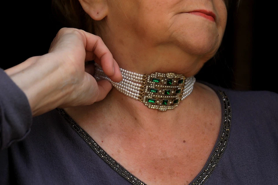 Halskette Vergoldet Grün Smaragd Halsnah Choker Weiße Perle Art Deco QD16 - Bild 4 von 4