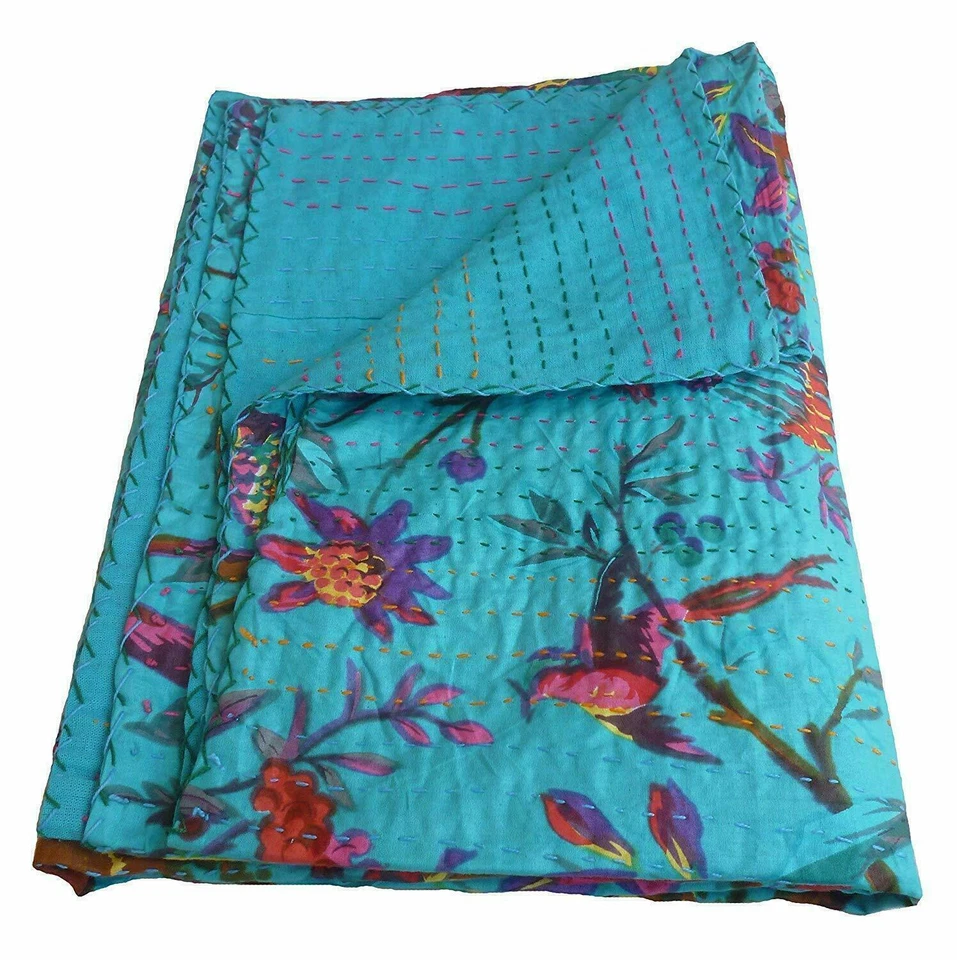 Colcha doble vintage edredón cama corredor Kantha floral algodón hippie manta Foto 2 de 4