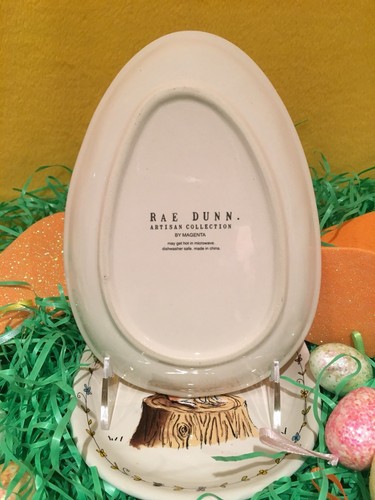 RAE DUNN "hop" Spring Easter Bunny Rabbit Egg Shaped Plate Set of 2 Floral Trim - Picture 4 of 5