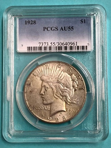 1928 Peace Silver Dollar ~ KEY DATE ~ Coin Graded by PCGS as AU 55~Philadelphia