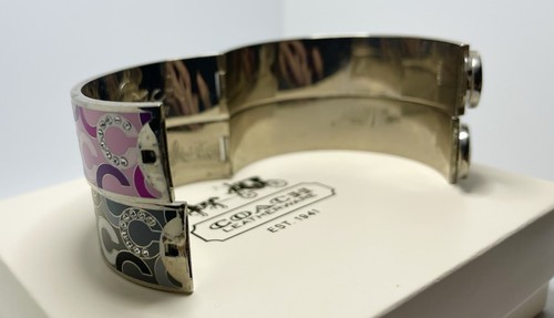 (2) COACH Signature C Bangle Bracelets Hinged Silver Pink And Grey Gemstones - Picture 7 of 8
