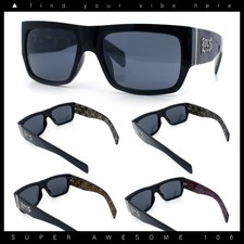 Locs Mens Day of Dead Skull Print Thick Arm Rectangle Horn Rim Sunglasses