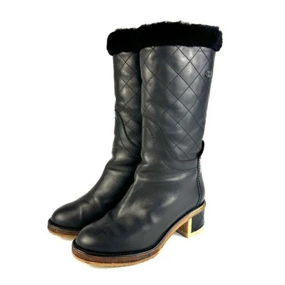 CHANEL Bottes À Talon Long En Cuir COCO MARK Noir Pour Femme Taille US 5.5 - Photo 1/4