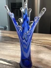 Murano Style Art Glass Vase Cobalt Blue White Clear Splash 14 In. Tall Perfect